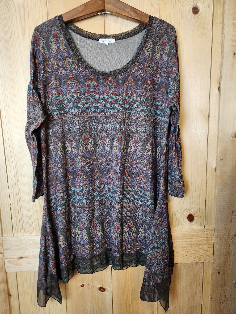 Indigo Soul Brown Patterned Asymmetrical Sheer Trim Handkerchief Hem Tunic Top